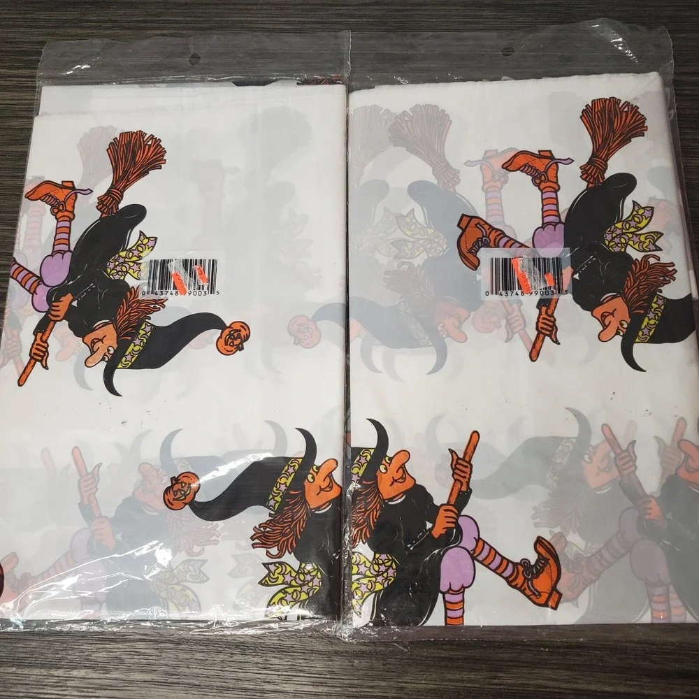 TWO Vintage Plastic Witch On A Broomstick Rectangular Table Cloths 54